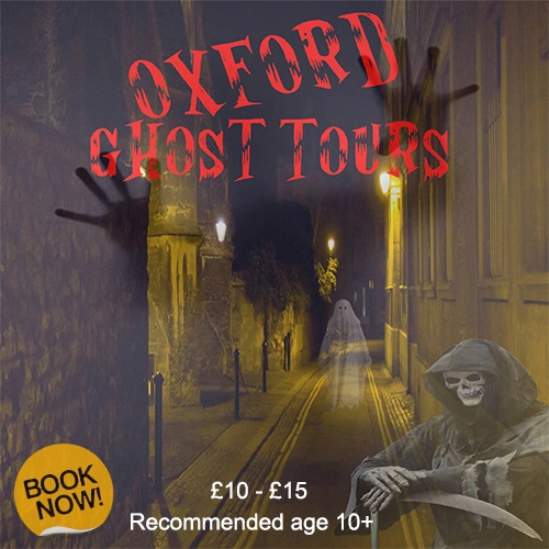 Promotional poster for an Oxford Ghost Walking Tour, featuring shadowy figures, historic Oxford landmarks, and an eerie moonlit night