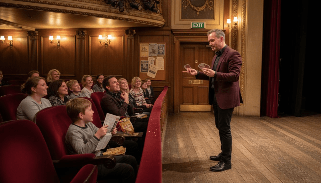 Magician on stage performing for Oxford audience