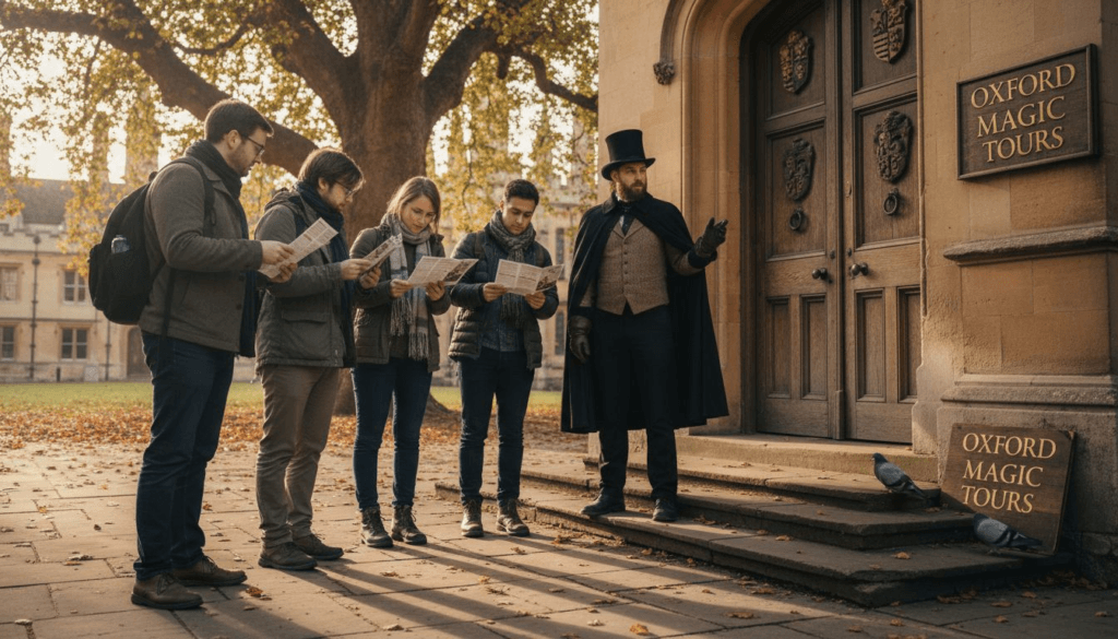 Tour group gathers at historic Oxford doorway