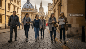 Tourists on Oxford walking tour near Radcliffe Camera