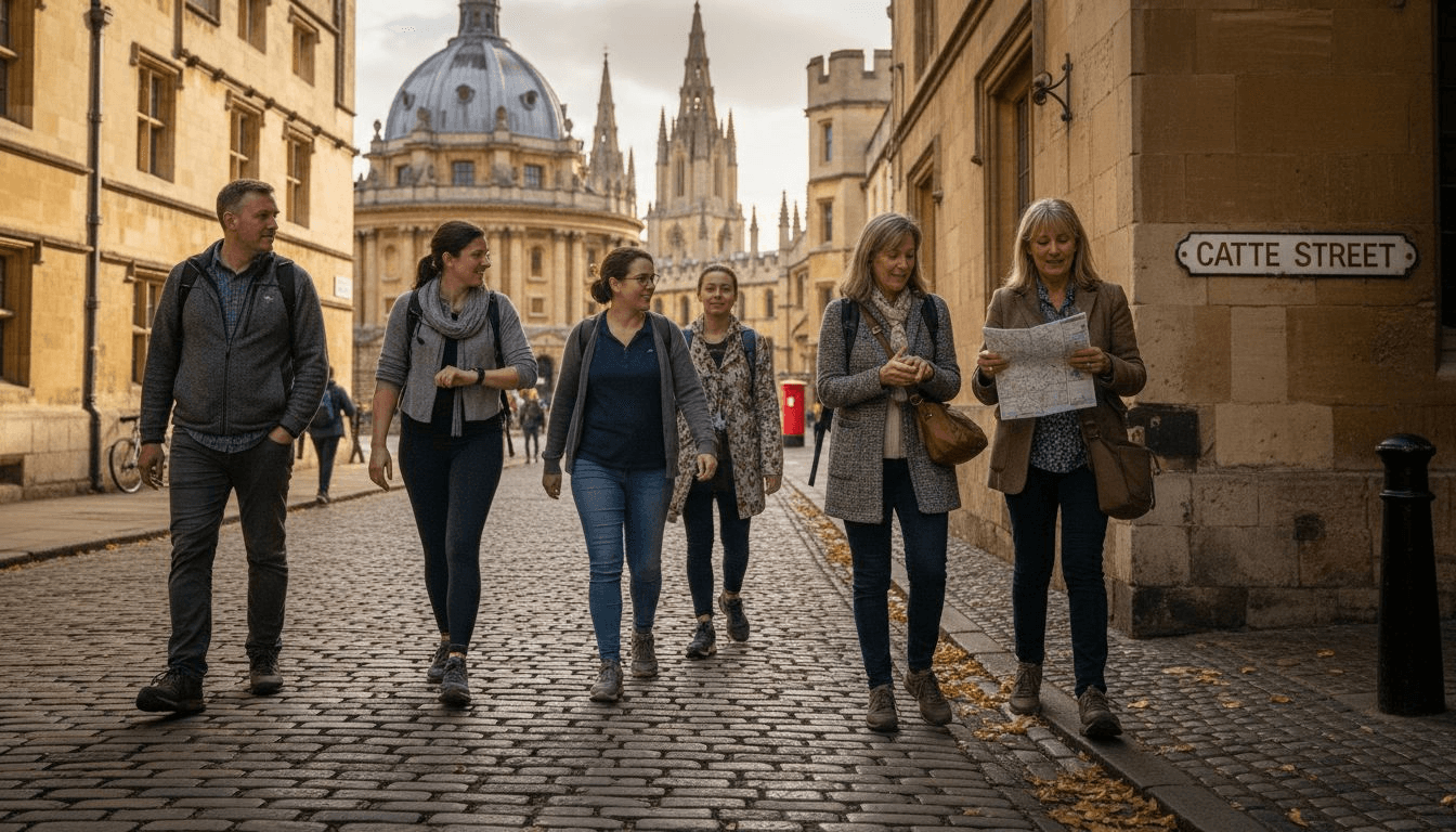 Tourists on Oxford walking tour near Radcliffe Camera