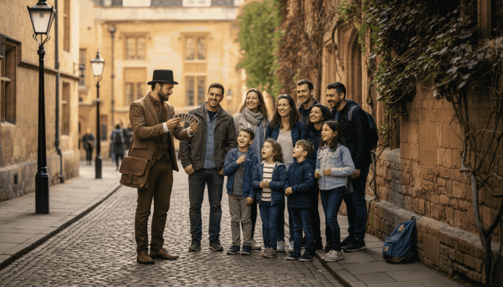 Tour group with magician near Bodleian Library