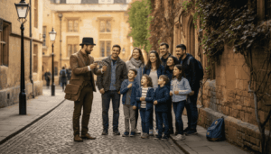 Tour group with magician near Bodleian Library