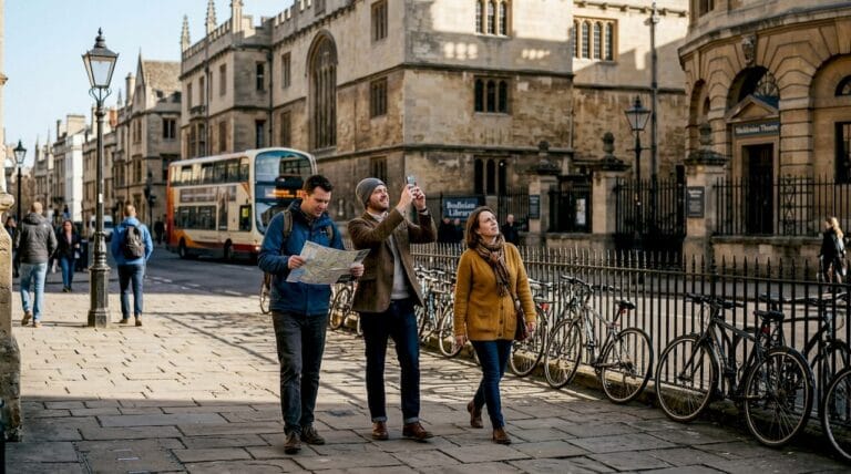 Tourists exploring Oxford landmark buildings street view