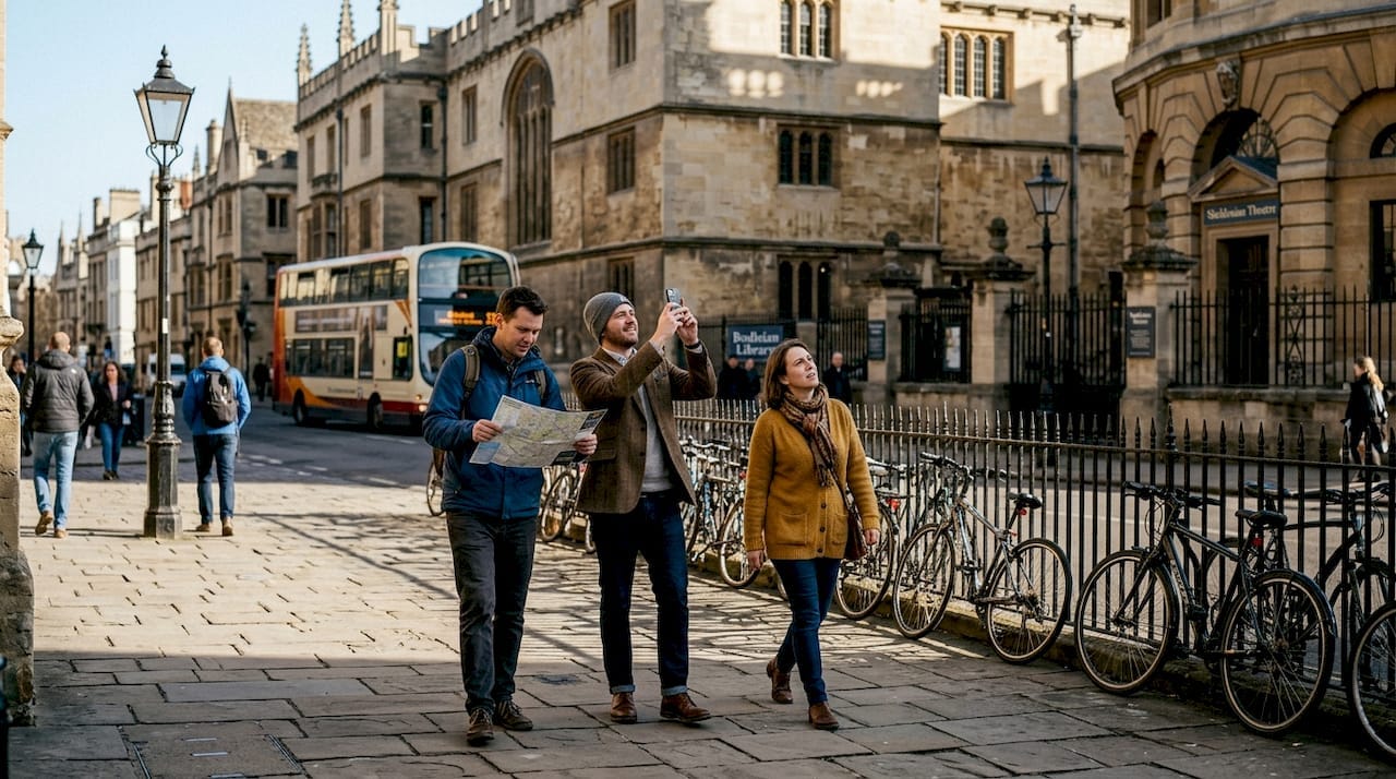 Tourists exploring Oxford landmark buildings street view
