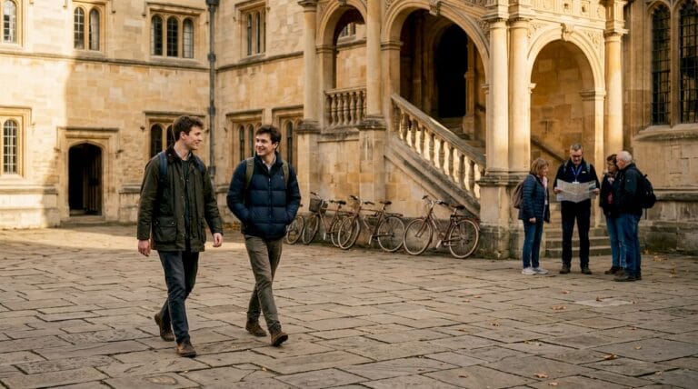 Students walk across Oxford quad near famous staircase
