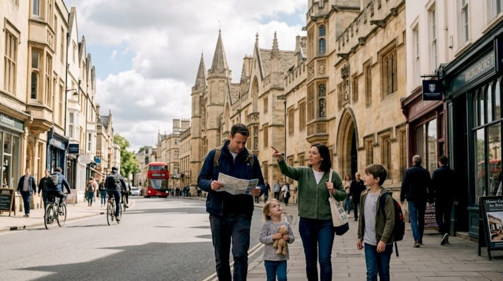 Family exploring Oxford city on foot
