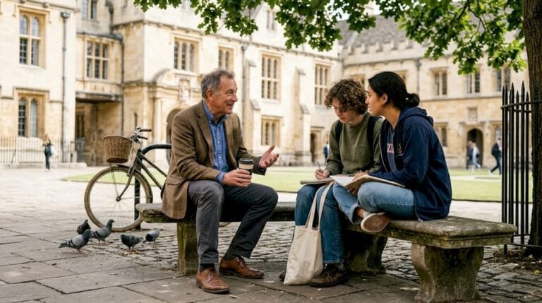 Oxford alumnus talks with students outdoors