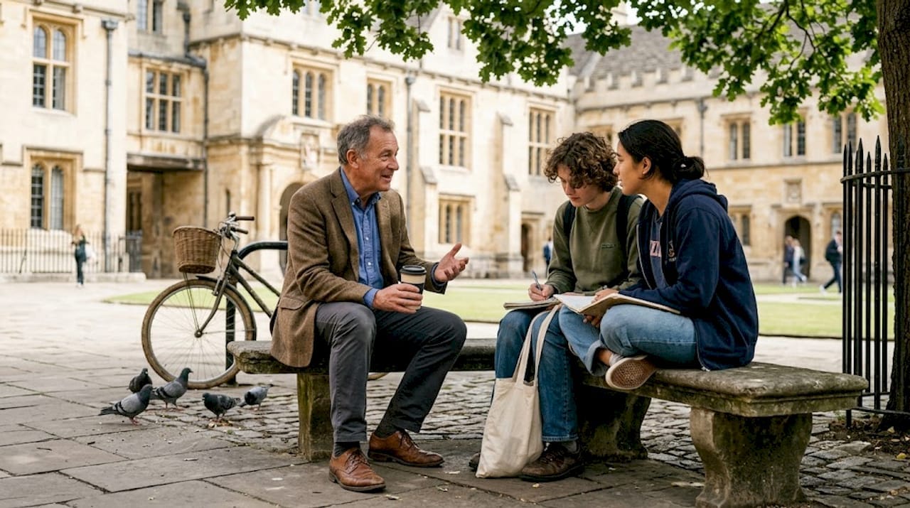 Oxford alumnus talks with students outdoors