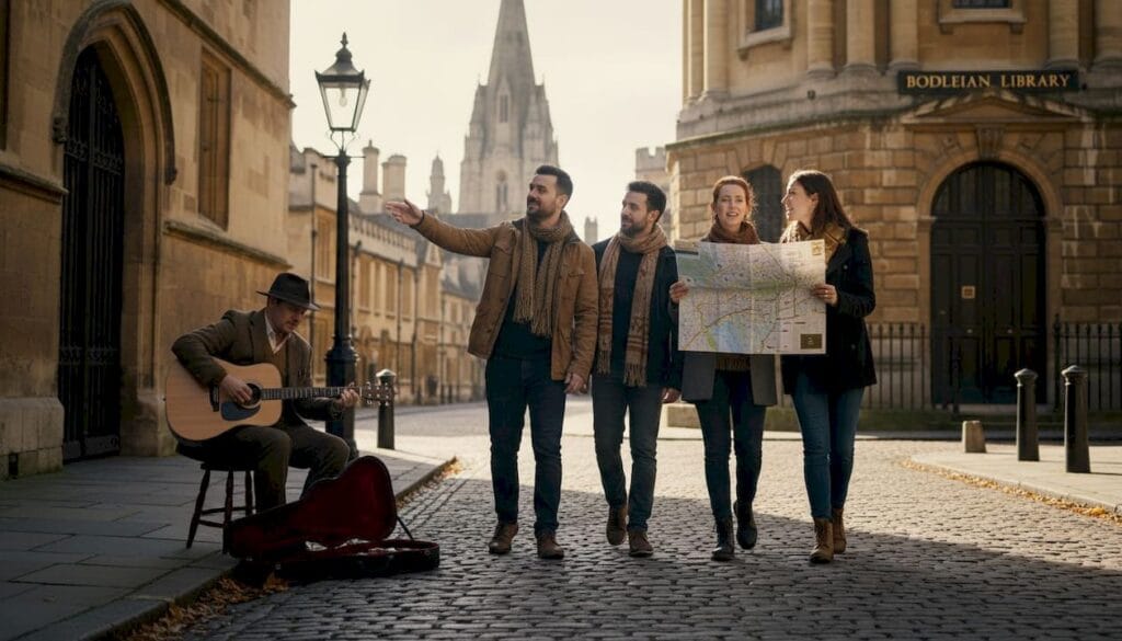 Tourists walking Oxford city center cobblestones