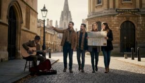 Tourists walking Oxford city center cobblestones