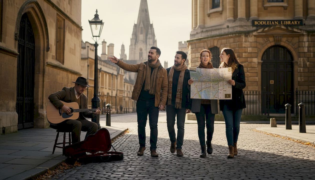 Tourists walking Oxford city center cobblestones