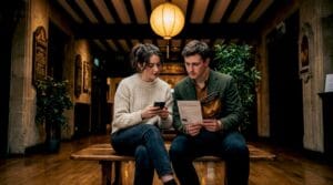 Couple booking Oxford theatre tickets in lobby