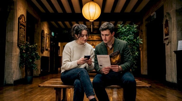 Couple booking Oxford theatre tickets in lobby