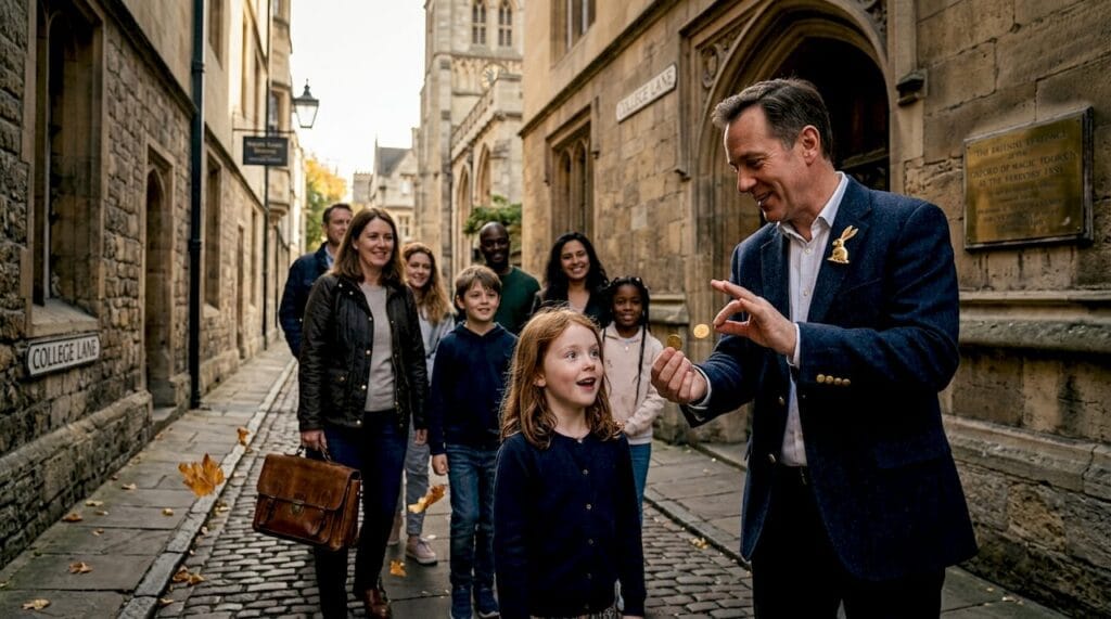 Magician guide leads group on Oxford street