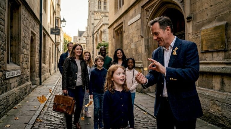 Magician guide leads group on Oxford street