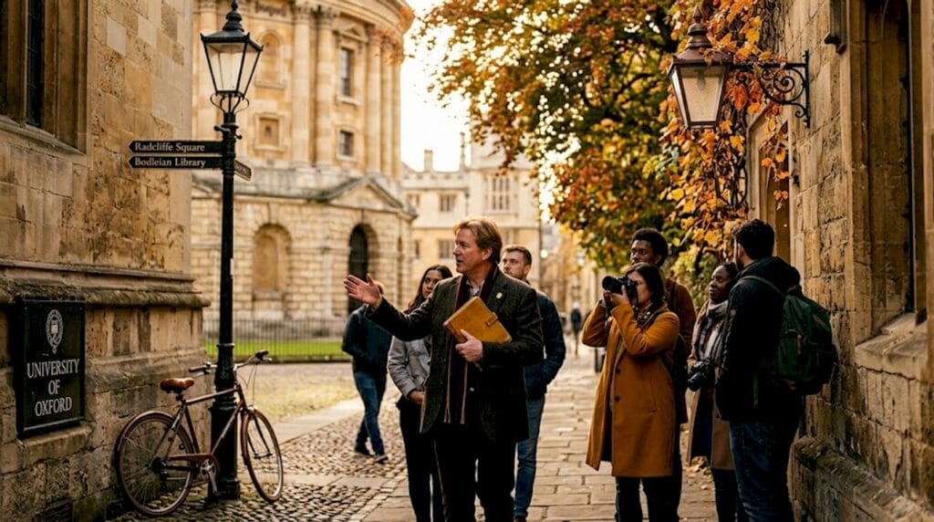 Walking tour group exploring Oxford streets