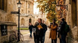 Walking tour group exploring Oxford streets