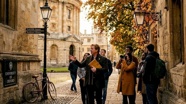 Walking tour group exploring Oxford streets