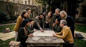 Travelers reviewing map together outdoors