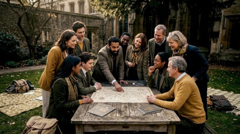 Travelers reviewing map together outdoors