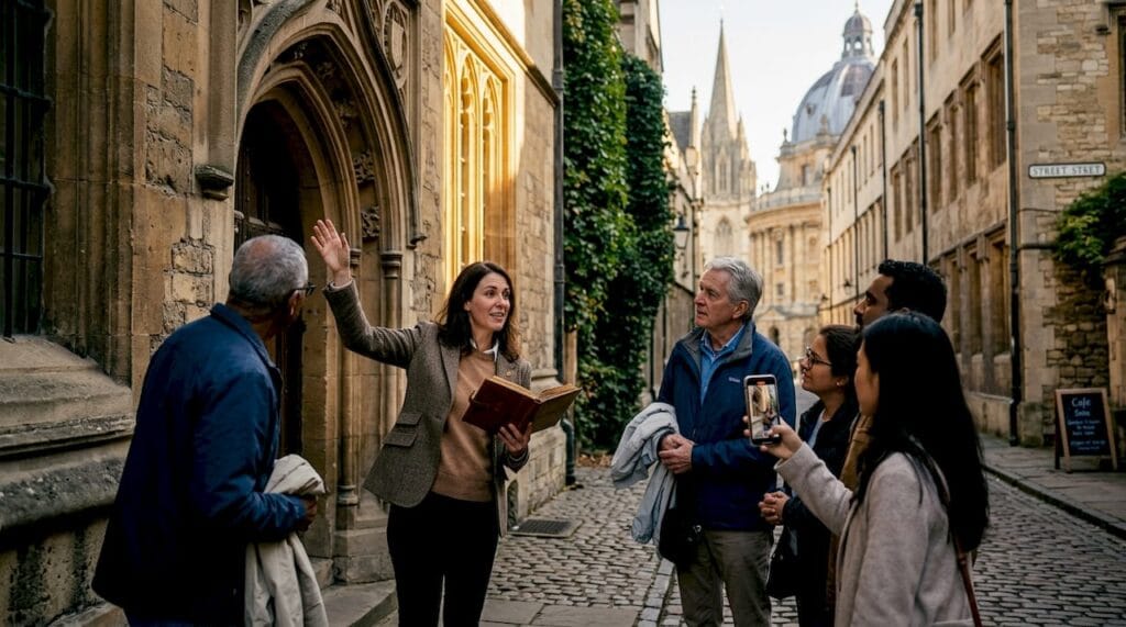 Tour guide leading walking group outdoors