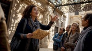 Tour guide with group in historic city square