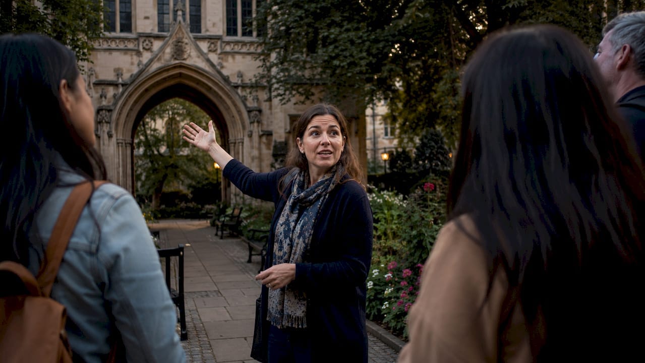 Professional guide explaining to tourists outdoors