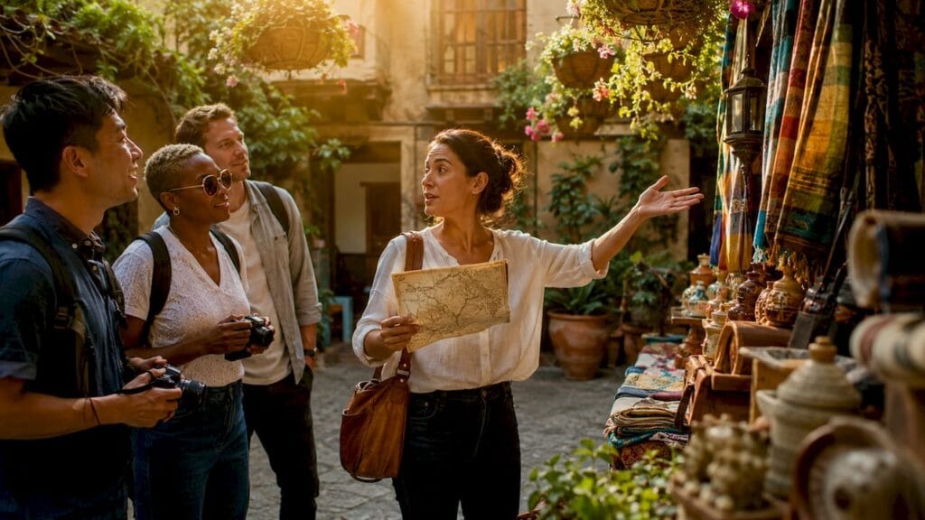 Tour guide leading group in vibrant market
