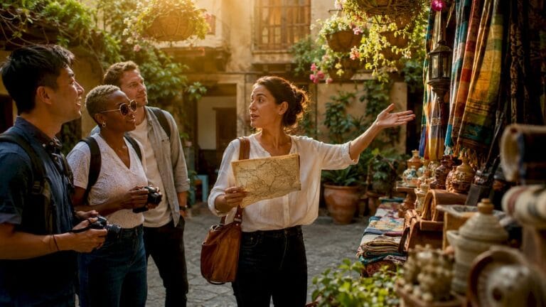 Tour guide leading group in vibrant market