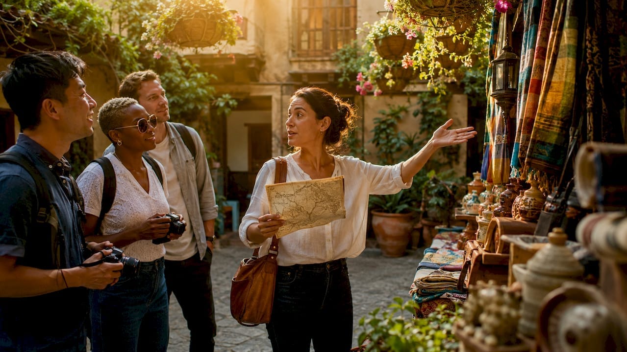 Tour guide leading group in vibrant market