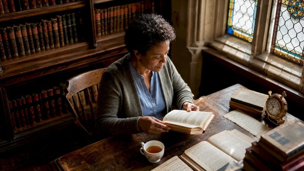 Person reading in historic Oxford college library
