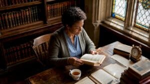 Person reading in historic Oxford college library