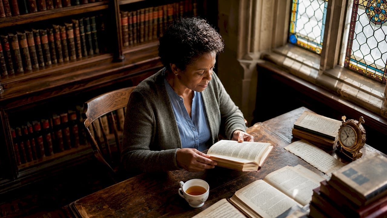 Person reading in historic Oxford college library