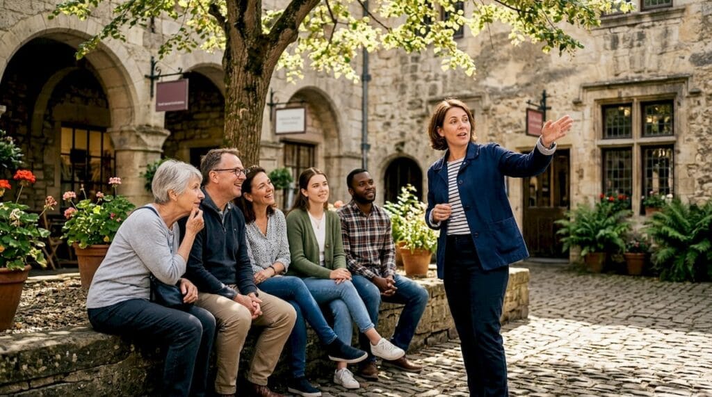 Group listening to guide on city tour