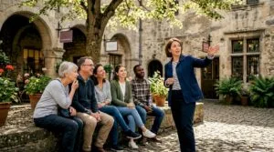Group listening to guide on city tour