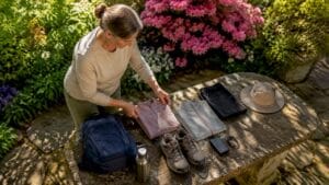 Woman packing shoes and clothes for walking tour