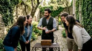 Magician performing magic on historic tour outdoors