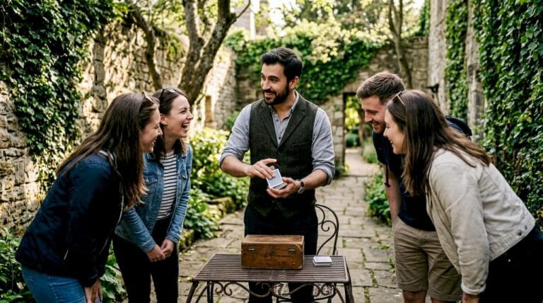 Magician performing magic on historic tour outdoors