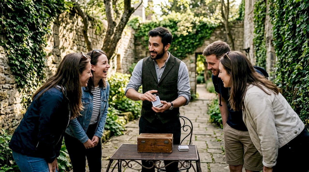 Magician performing magic on historic tour outdoors