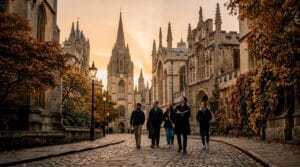 Historic Oxford University buildings and visitors outdoors