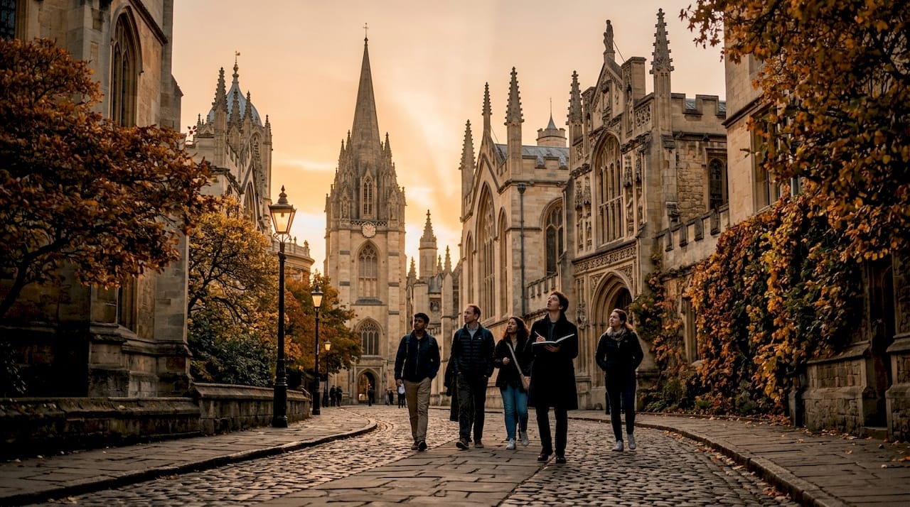 Historic Oxford University buildings and visitors outdoors