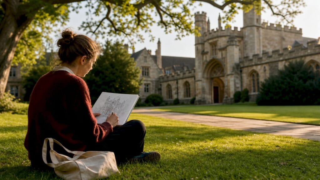 Student sketching medieval Oxford architecture outdoors
