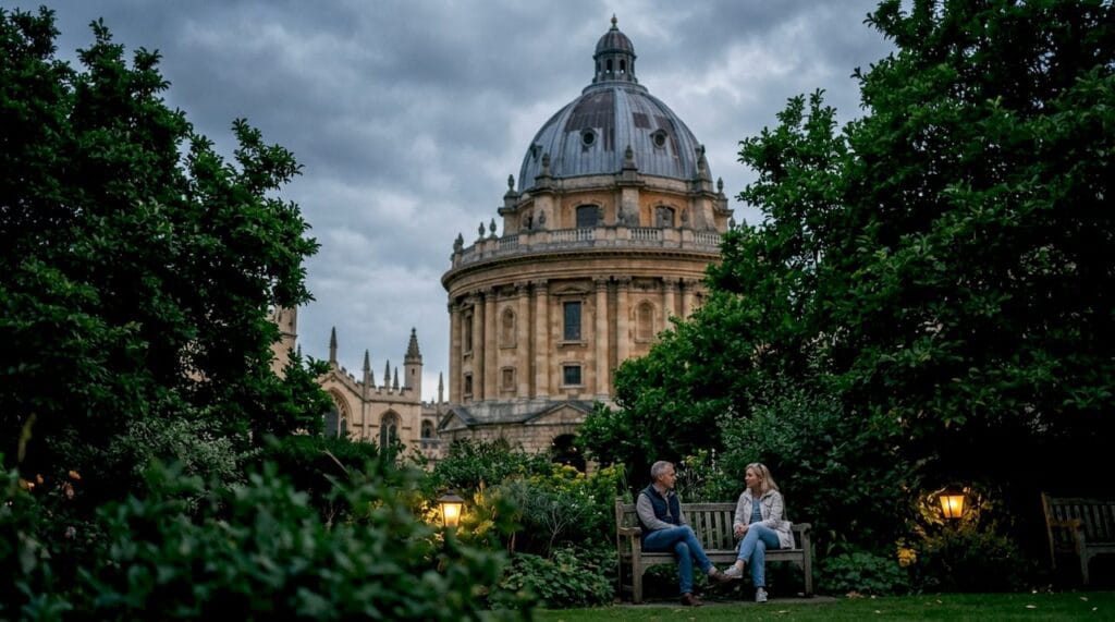 Historic Oxford university buildings under soft sunlight