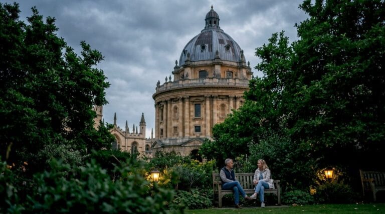 Historic Oxford university buildings under soft sunlight