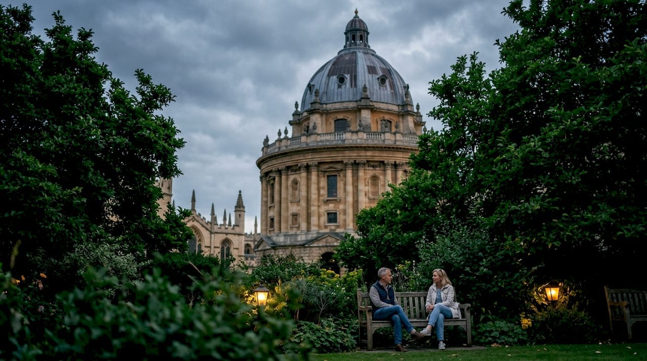 Historic Oxford university buildings under soft sunlight