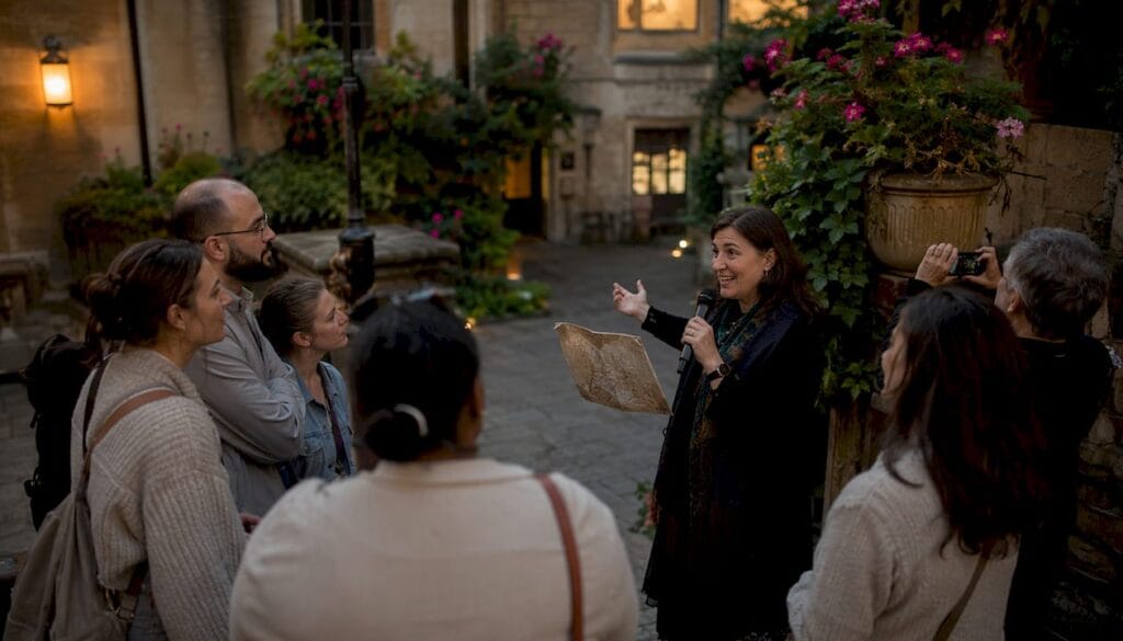 Tour guide interacting with visitors outdoors