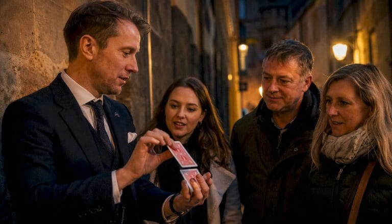 Magician performing interactive tour outdoors in Oxford