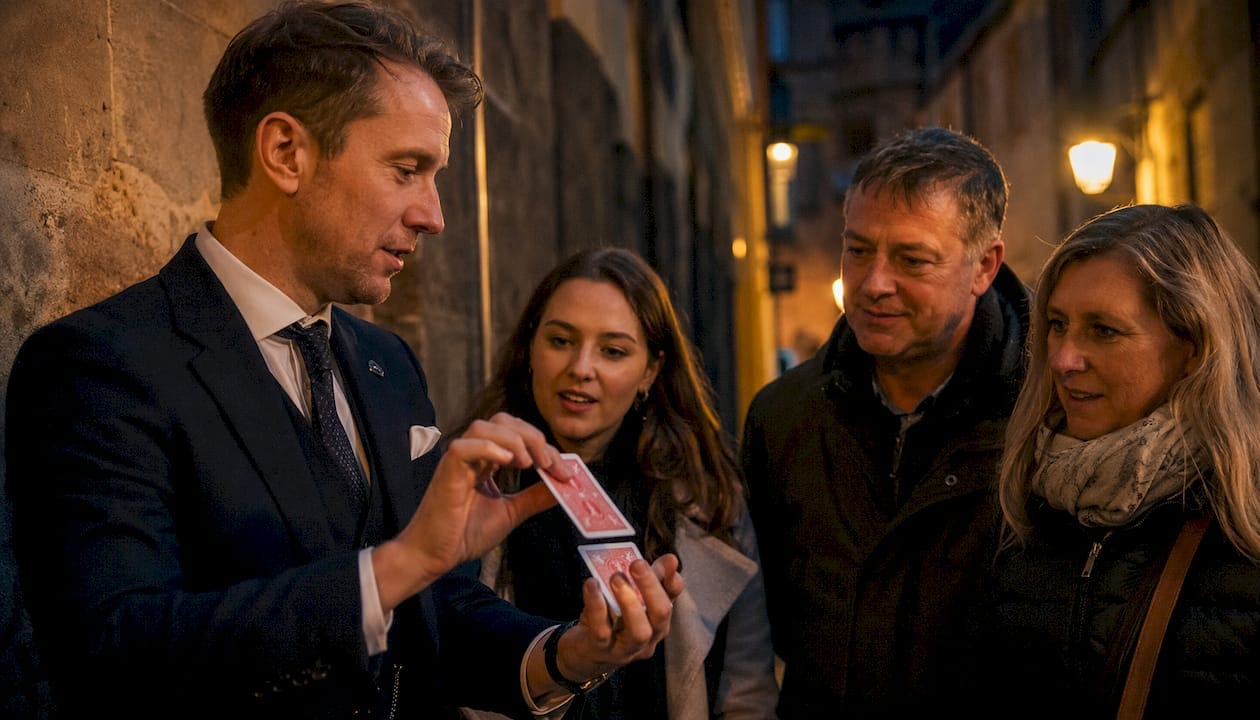Magician performing interactive tour outdoors in Oxford