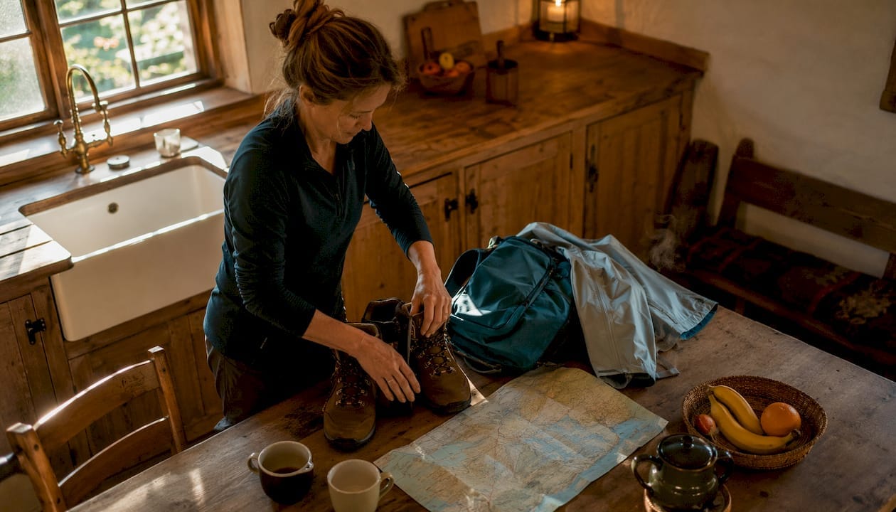 Woman preparing walking tour gear indoors